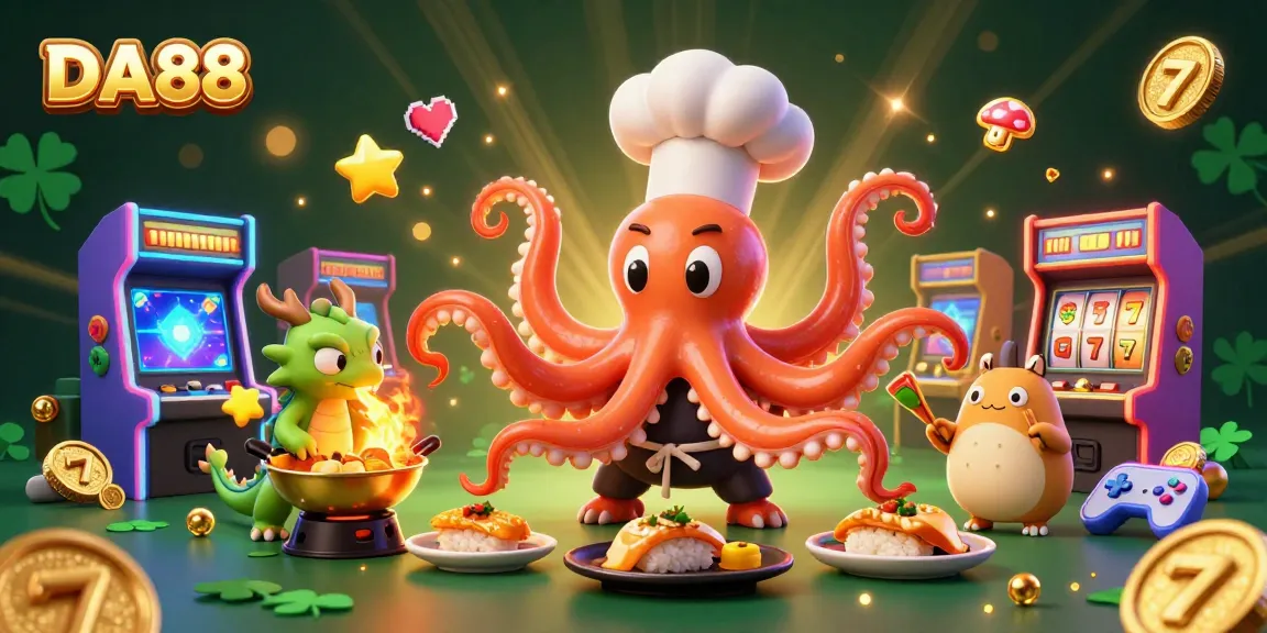 Join the fun at DA88 with a sushi chef octopus and friends in a vibrant casino scene.